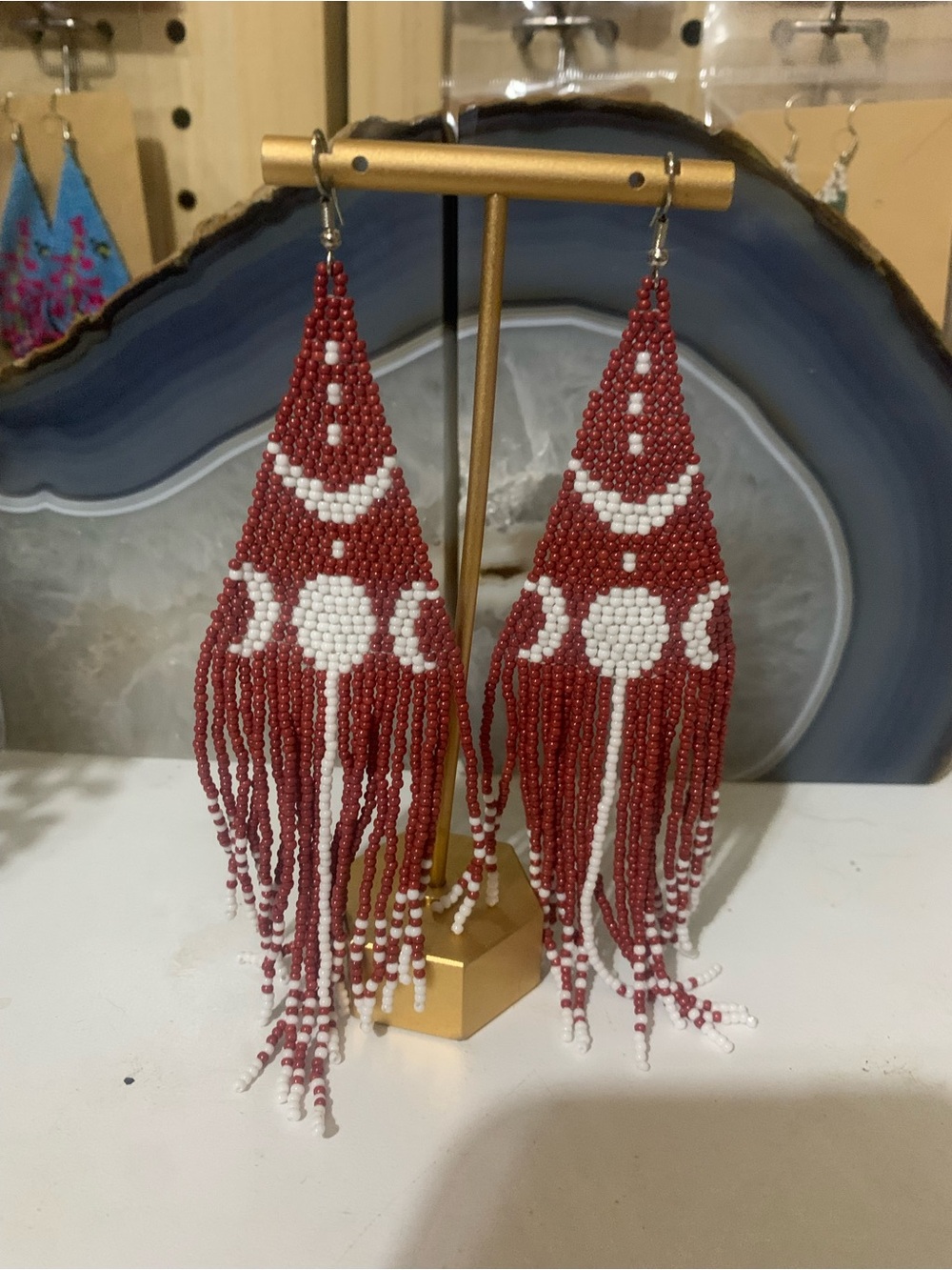 Red and White Beaded Fringe Earrings - Statement Women’s Jewelry